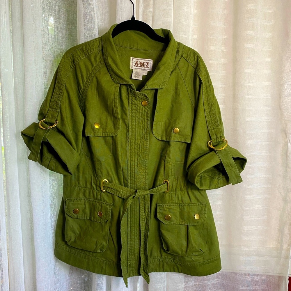 AMI Olive Green Light Jacket Cotton Linen Blend Belted 3/4 Sleeve Pockets Size L
